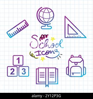 Farbenfrohe sechs Schulsymbole auf Rasterpapier Vektor Stock Vektor