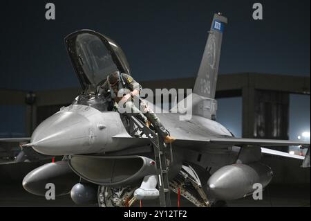 Ein Pilot der 179th Fighter Squadron, 148th Fighter Wing, Minnesota Air National Guard, bereitet sich auf einen nächtlichen Flug vor, während er in den USA eingesetzt wird Stockfoto