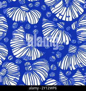 Modernes Cottage am Strand im rustikalen Muschelblock-Muster im Stil des Sealife Beach. Azurblaues weißes Muschelmotiv mit Leinennägeln Stockfoto