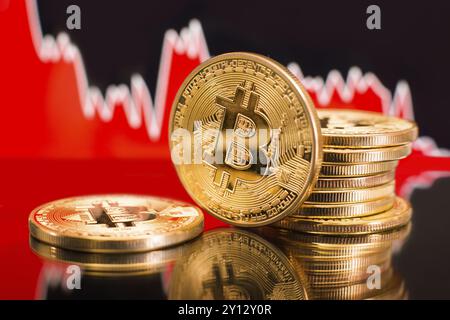 Bitcoin mit einem roten Kartenwurf. Preiscrash- und Bären-Markttrend-Konzept Stockfoto