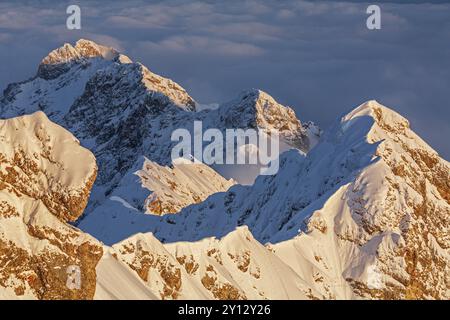 Schneebedeckter Bergkamm über hohem Nebel im Abendlicht, Blick von der Zugspitze zum Jubilaeumsgrat, Winter, Oberbayern, Bayern, Deutschland, E Stockfoto