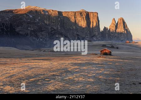 Kleine Hütten im Morgenlicht mit Raureif vor steilen Bergen, Herbst, Seiser Alm, Südtirol, Dolomiten, Italien, Europa Stockfoto