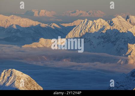 Berggipfel über starkem Nebel, Abendlicht, Winter, Blick von der Zugspitze ins Karwendelgebirge, Oberbayern, Bayern, Deutschland, Europa Stockfoto