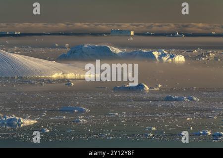 Eisberge im Nebel, Mitternachtssonne, Sommer, Ilulissat Icefjord, Disko Bay, Jakobshavn-Gletscher, Grönland, Nordamerika Stockfoto