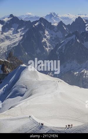 Bergsteiger auf Gletscher vor den Bergen, Gruppe, Mont Blanc-Massiv, Chamonix, Französische Alpen, Frankreich, Europa Stockfoto