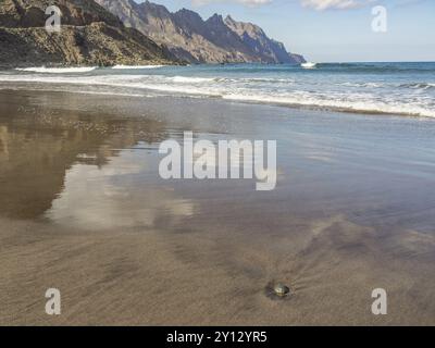 Gezeitenstrand mit umliegenden Bergen und ruhigem Meer, Wellen, Wolken, die sich im nassen Sand spiegeln, teneriffa, kanarische Inseln, spanien Stockfoto