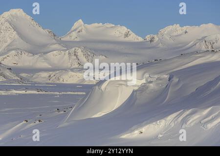 Bergige Winterlandschaft in der Arktis, sonnig, Kulusuk, Ostgrönland, Grönland, Nordamerika Stockfoto