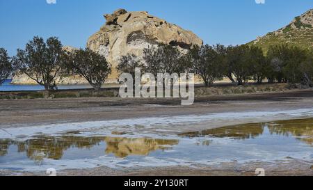 Felsen und Bäume spiegeln sich in ruhigen Gewässern unter blauem Himmel, Petras Beach, Kalikatsou Rocks, Patmos, Dodekanese, Griechische Inseln, Griechenland, Europa Stockfoto