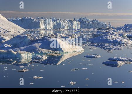 Eisberge und Eisschollen spiegeln sich im Wasser, sonnig, Sommer, Jakobshavn-Gletscher und Eisfjord, Ilulissat Kangerlua, Disko Bay, Westgrönland, Greenla Stockfoto