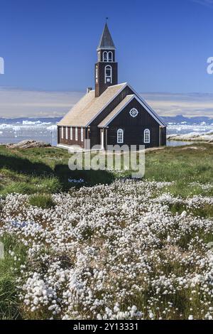 Kirche vor blauem Himmel und Eisbergen, Baumwollgras, Sommer, Zion's Church, Jakobshavn Gletscher und Eisfjord, Ilulissat, Disko Bay, Westgrönland, Stockfoto