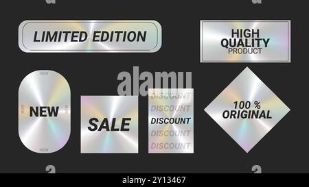 Holografische Aufkleber Logos Emblem Etiketten Farbset. Diamant, quadratisch, oval. Zur Verpackung von Werbematerial. Aufkleber für Kleidung oder Accessoires. Vektorabbildung. Stock Vektor