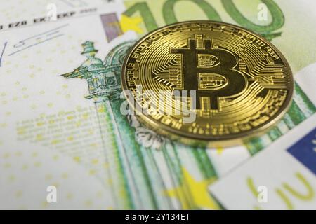 Makrofoto des Kryptowährungskonzepts, Ein Bitcoin mit Euro-Scheinen Stockfoto