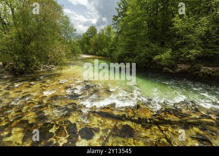 Farbenfrohes Frühlingspanorama des Flusses Sava bohinjka im Dorf Bohinj am See Ukanc. Malerische Monsterszene im Triglav-Nationalpark, Julischen Alpen Stockfoto