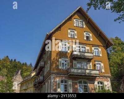 Großes mehrstöckiges Haus mit gelber Holzfassade und Fensterläden, unter blauem Himmel gelegen, Schwarzwald, Bade-Württemberg, Deutschland, Europa Stockfoto