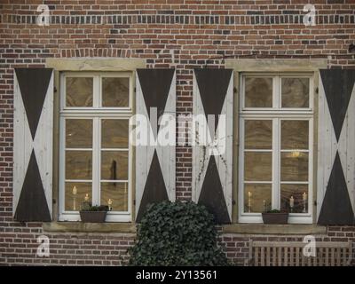 Zwei weiß getünchte Fenster mit Fensterläden an einer Backsteinmauer, dekoriert mit Blumen und Pflanzen, billerbeck, münsterland, deutschland Stockfoto