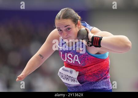 Saint-Denis, Frankreich. September 2024. MALKAMAKI Noelle (USA) Leichtathletik : F46-Finale der Frauen während der Paralympischen Spiele 2024 in Paris im Stade de France in Saint-Denis, Frankreich. Quelle: AFLO SPORT/Alamy Live News Stockfoto