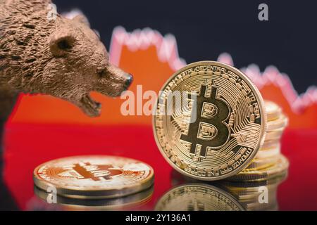 Bitcoin mit einem roten Kartenwurf. Preiscrash- und Bären-Markttrend-Konzept Stockfoto