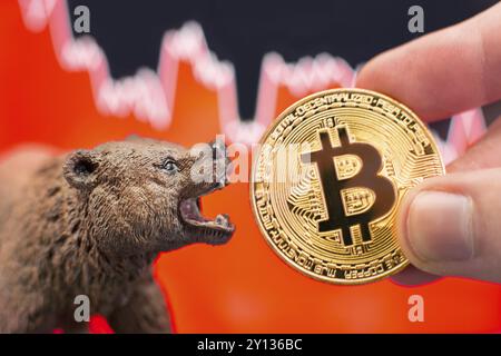 Bitcoin mit einem roten Kartenwurf. Preiscrash- und Bären-Markttrend-Konzept Stockfoto