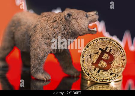 Bitcoin mit einem roten Kartenwurf. Preiscrash- und Bären-Markttrend-Konzept Stockfoto