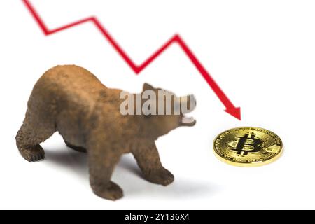 Cryptocurrency Bitcoin preis Crash und Tropfen wie ein Bär trend Konzept auf weißem Hintergrund Stockfoto