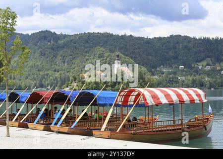 SLOWENIEN, GEBLUTET, 15. JULI 2019: Traditionelle Seeboote. Schöner Bergsee im Sommer mit kleiner Kirche auf der Insel und alpen im Hintergrund Stockfoto