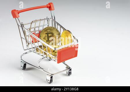 Bitcoin Münze in einem Warenkorb auf weißem Hintergrund Stockfoto