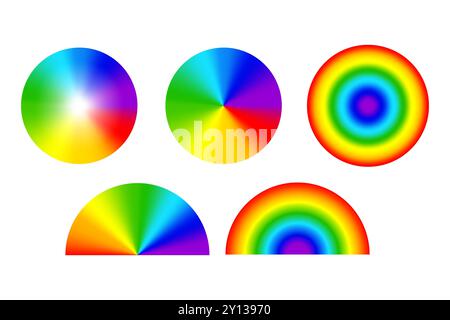 Bunte Verlaufskreise. Regenbogendesign. Leuchtende, radiale Muster. Abstrakte Vektorelemente. Stock Vektor