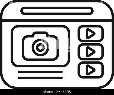 Kontursymbol einer Webseite mit Fotokamera-Symbol und Wiedergabetasten, die eine Website darstellen, die sowohl Foto- als auch Videoinhalte bietet Stock Vektor