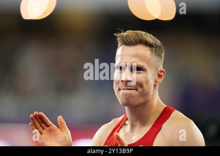 Paris, Frankreich. September 2024. Markus Rehm (GER) Athletics : Langsprung-T64-Finale der Männer im Stade de France während der Paralympischen Spiele 2024 in Paris, Frankreich. Quelle: SportsPressJP/AFLO/Alamy Live News Stockfoto