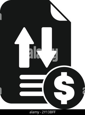 Schwarz-weiß-Symbol eines Dokuments mit Aufwärts- und Abwärtspfeilen in der Nähe einer Dollarmünze, die Finanztransaktionen darstellen Stock Vektor