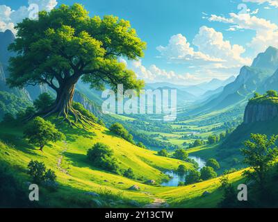 KI-generiertes Bild der Illustration einer üppig grünen idyllischen Fantasy-Landschaft mit einem riesigen Baum mit Blick auf ein Tal. Stockfoto