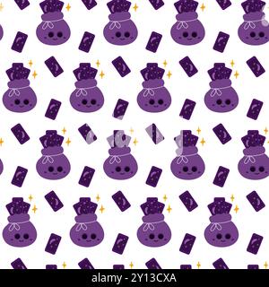 Glückserzähler Tarot-Kartentasche mit dekorativen Sternen niedlichen Charakter nahtlose Muster Hintergrund Idee isoliert. Vektor-Illustration Hintergrundbild, Verpackung oder Web, Karten, Broschüren, Poster, Werbeaktion Stock Vektor