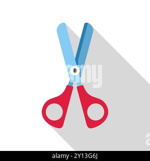 Eine rote Schere mit blauen Klingen wirft in dieser minimalistischen Illustration einen langen Schatten Stock Vektor