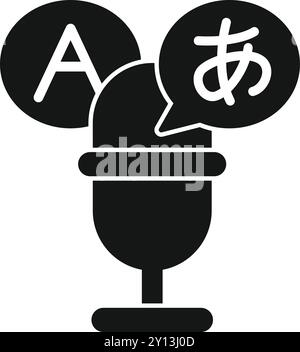 Einfaches Symbol eines Mikrofons, das Sprachen übersetzt, mit Sprechblasen mit englischen und japanischen Schriftzeichen Stock Vektor