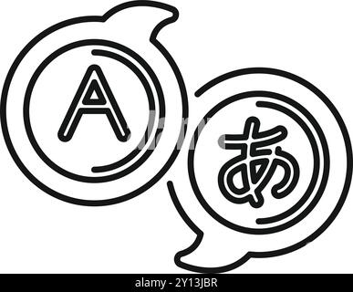 Sprechblasen-Symbole mit englischen und japanischen Schriftzeichen, die interkulturelle Kommunikation und das Erlernen von Sprachen repräsentieren Stock Vektor