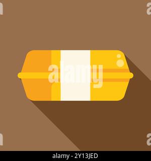 Einfache flache Vektor-Illustration einer gelben Lebensmittelbehälter-Box mit einem weißen Etikett auf einem braunen Hintergrund mit einem langen Schatten Stock Vektor