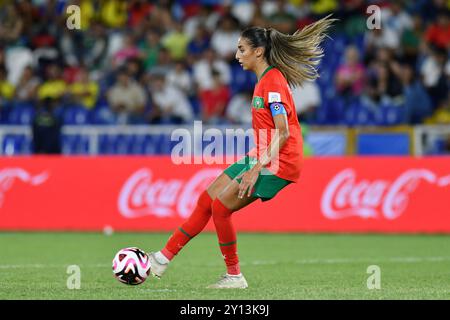 Cali, Kolumbien. September 2024. Fatima El Ghazouani aus Marokko beim Spiel der Gruppe C FIFA U-20-Frauen-Weltmeisterschaft Kolumbien 2024 zwischen Marokko und den Vereinigten Staaten im Olympischen Pascual Guerrero-Stadion in Cali am 4. September 2024. Foto: Alejandra Arango/DiaEsportivo/Alamy Live News Credit: DiaEsportivo/Alamy Live News Stockfoto