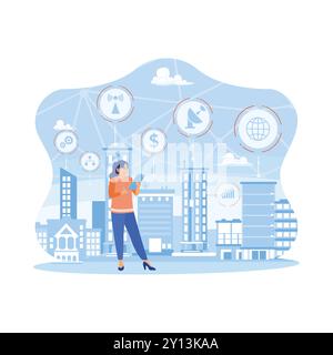 Junge Frau, die auf Smart City-Hintergrund steht. Verwenden eines Smartphones mit einem digitalen 5G-Funkverbindungskonzept und zukünftigem Internet. Telekommunikation A Stock Vektor