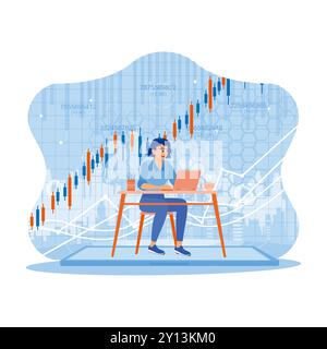 Geschäftsfrau mit Tablet mit Aufwärtspfeil und Geschäftsdiagramm. Analysieren Sie Geschäfts- und Aktienmärkte mit Kerzendiagrammen. Technologie und Finanzen Co Stock Vektor