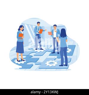 Chef und Kollegen haben ein Meeting im Büro. Arbeiten Sie zusammen, diskutieren Sie und erstellen Sie neue Geschäftsprojekte. Konzept für Mitarbeiterbildung. Trend flacher Vektor m Stock Vektor