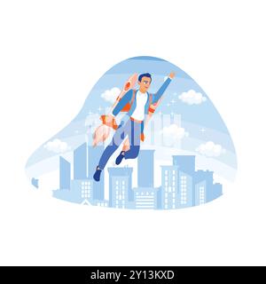 Ein Mann fliegt mit einem Jet-Haustier auf dem Rücken zum Erfolg. Geschäftsmann im Karrieremöglichkeitskonzept. Karriereentwicklungskonzept. Trend Flachvektor moderne Illus Stock Vektor