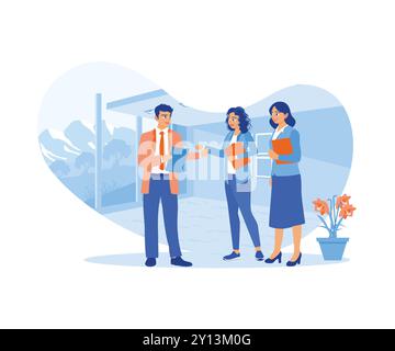 Eine Gruppe junger Geschäftsleute berät, spricht und analysiert neue Geschäftsprojektideen zu Marketing- und Investitionsplänen. Besprechen Sie die Informationsfrage Stock Vektor