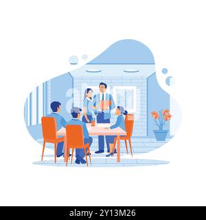Kollegen haben ein Meeting im Büro. Diskutieren und treffen Sie gemeinsam Entscheidungen, um Erfolg zu erzielen. Konzept für Mitarbeiterbildung. Trend flacher Vektor moderne Beleuchtung Stock Vektor