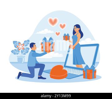 Junge Paare feiern den Valentinstag online. Sie zeigen einander während eines Videoanrufs auf einem Laptop-Bildschirm Geschenke. Konzept virtueller Beziehungen. Flache vecto Stock Vektor