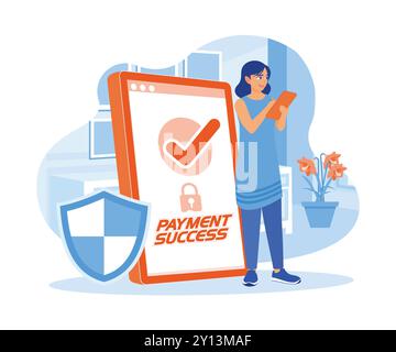 Junge Frauen nutzen Smartphones, um online einzukaufen. Die Frau macht Online-Transaktionen für ihre Bestellung. Konzept der Auftragsbestätigung. Illustration des flachen Vektors Stock Vektor