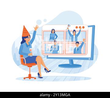 Videokonferenz mit Freunden und Familie. Party für lange Distanzen. Konzept virtueller Beziehungen. Illustration des flachen Vektors. Stock Vektor