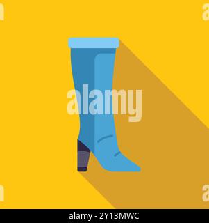 Blauer Damenstiefel mit High Heels, die auf gelbem Hintergrund stehen, Vektorillustration in flachem Design mit langem Schatten Stock Vektor