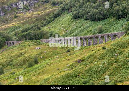 Eine Nahaufnahme des alten, steinernen Glen-Ogle-Viadukts, das durch einen üppigen, grünen Hügel in Crianlarich, Schottland, Großbritannien, schneidet. Stockfoto