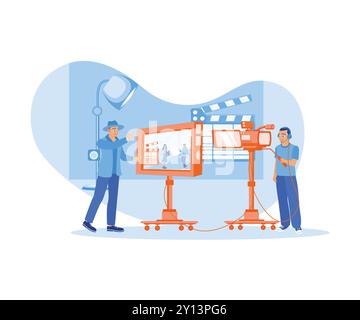 Das Filmteam filmt drinnen. Der Regisseur erteilt den beiden Schauspielern während des Schießprozesses Befehle. Filmproduktionskonzept. Flacher Vektor i Stock Vektor