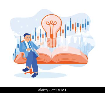 Geschäftsmann, der Börsen- oder Devisenhandelskarten für Finanzinvestitionen analysiert. Kerzenständer und offenes Buch mit Glühbirnen. Aktienhandel c Stock Vektor